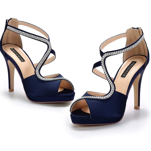 Erijunor Shoes - 3/💥$25 🆕️ Navy Satin w/ Rhinestone comfort Heels